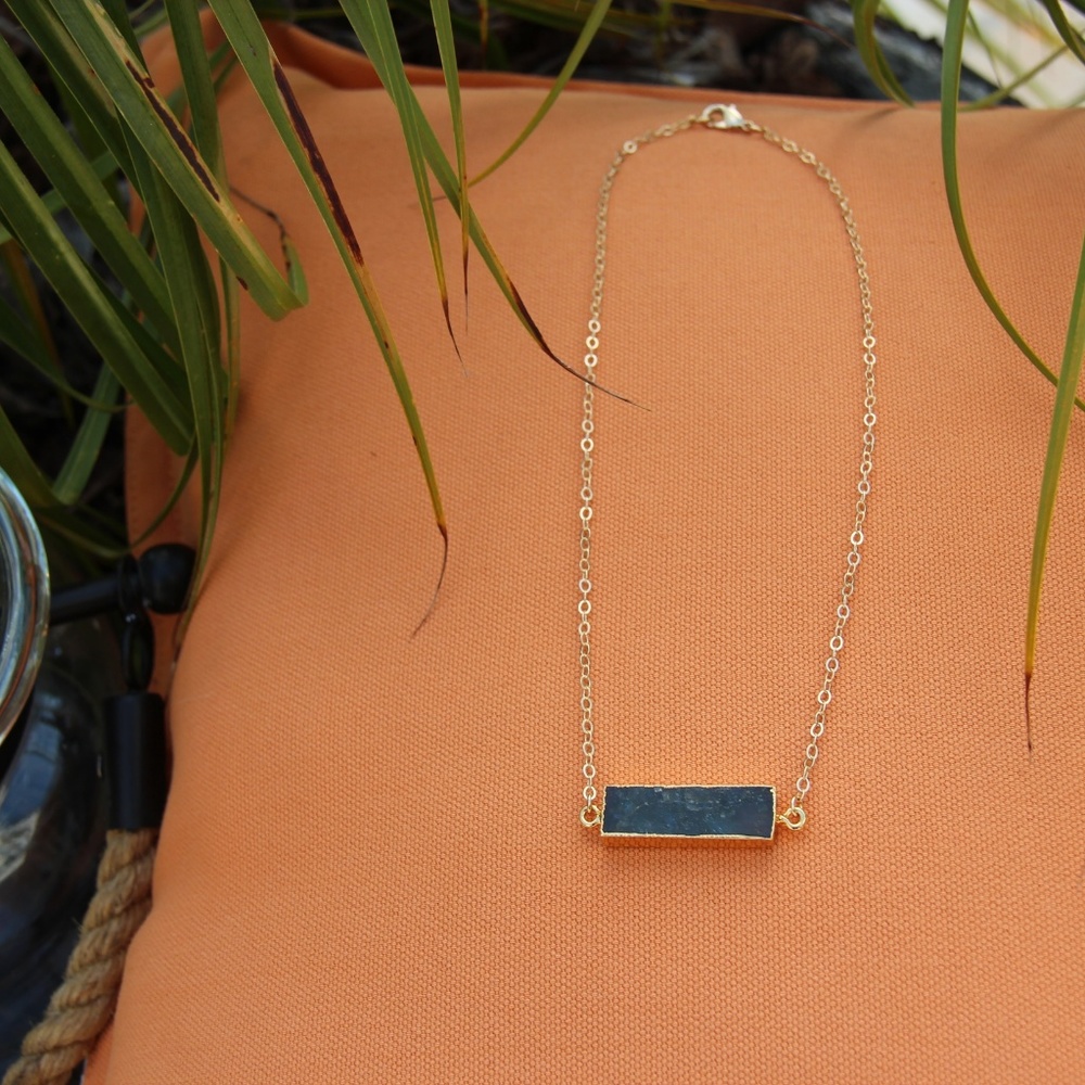 Gold plated Black Agate bar pendant necklace